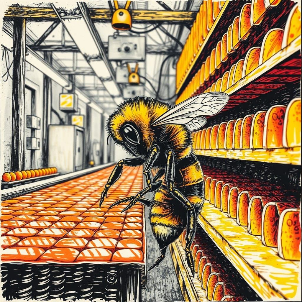 Bee Working in Honeycomb Factory: Humorous Digital Art