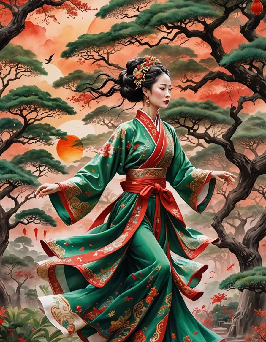 Elegant Fusion: Hanfu Meets African Dance in Watercolor