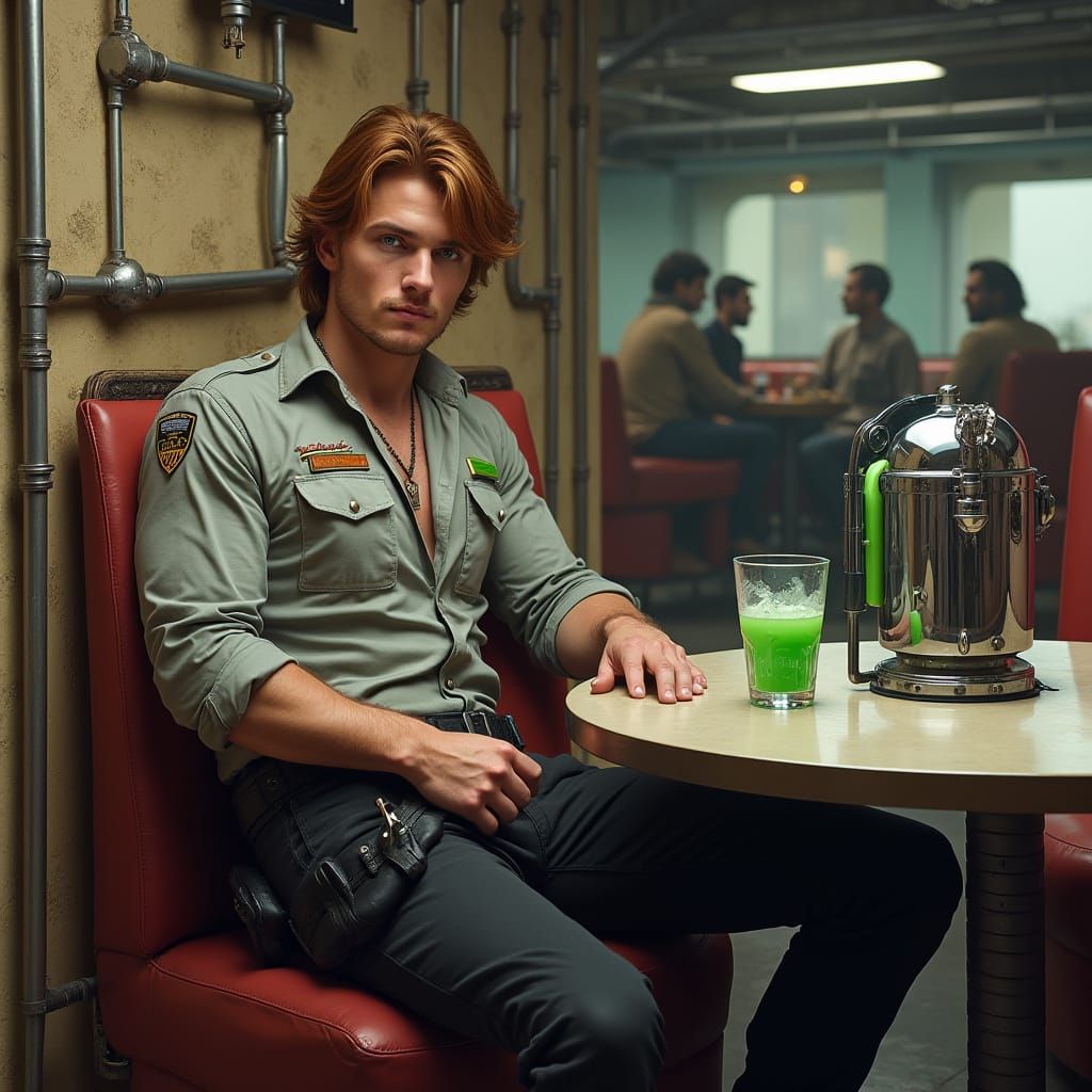 Sci-Fi Captain Relaxing at Bar in Futuristic City