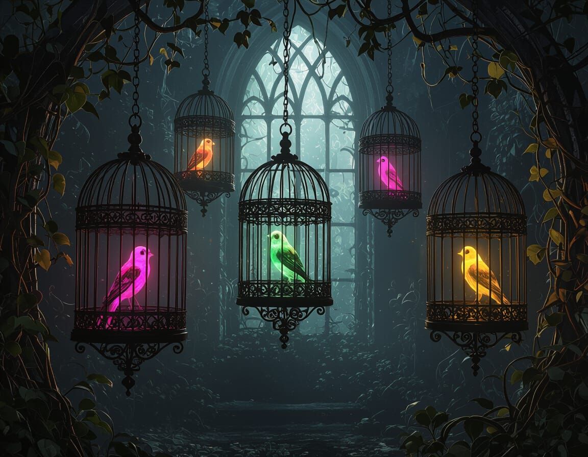 Gothic Birdcages With Glowing Birds in Mystical Forest