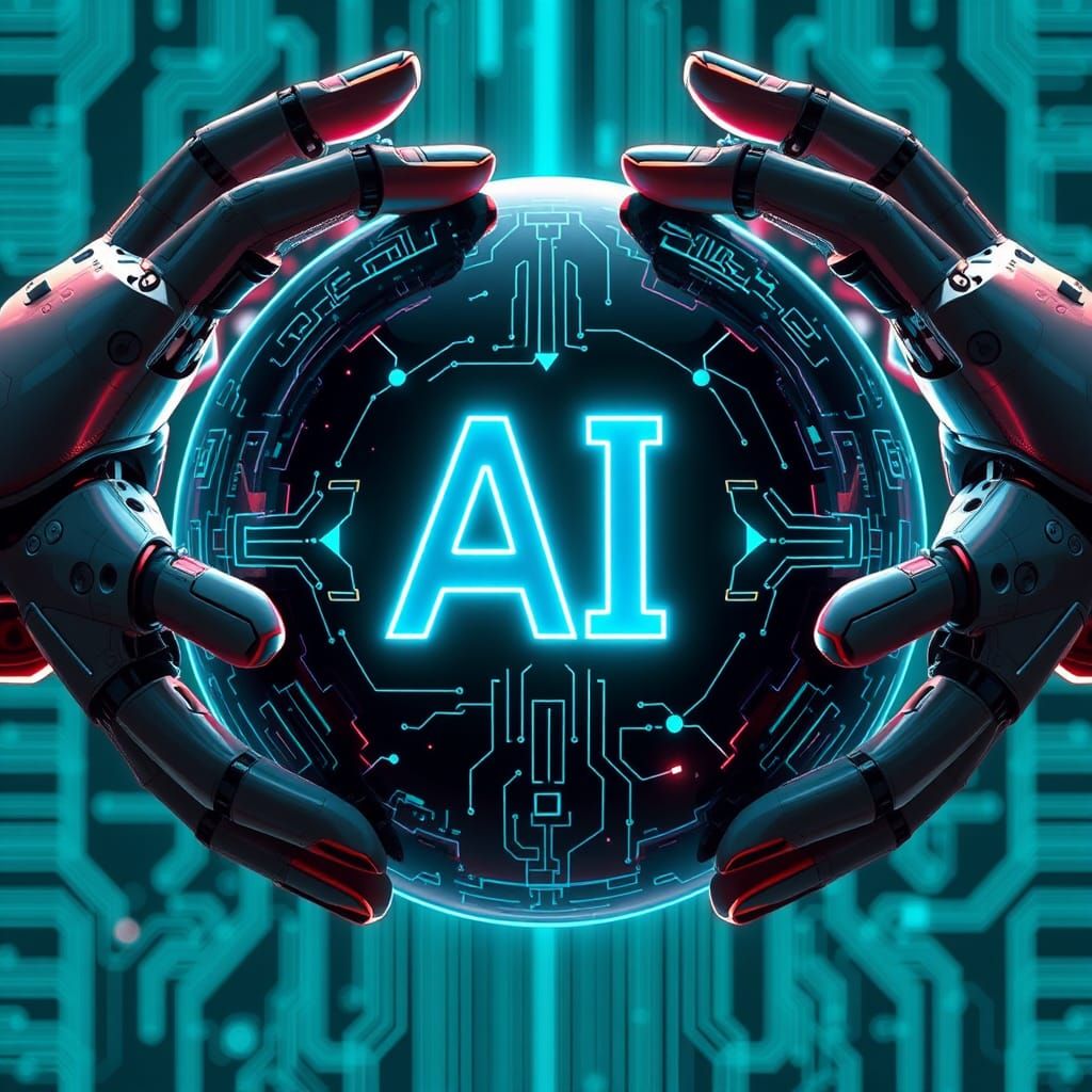 Robotic Hands Embrace AI Globe in Futuristic Style