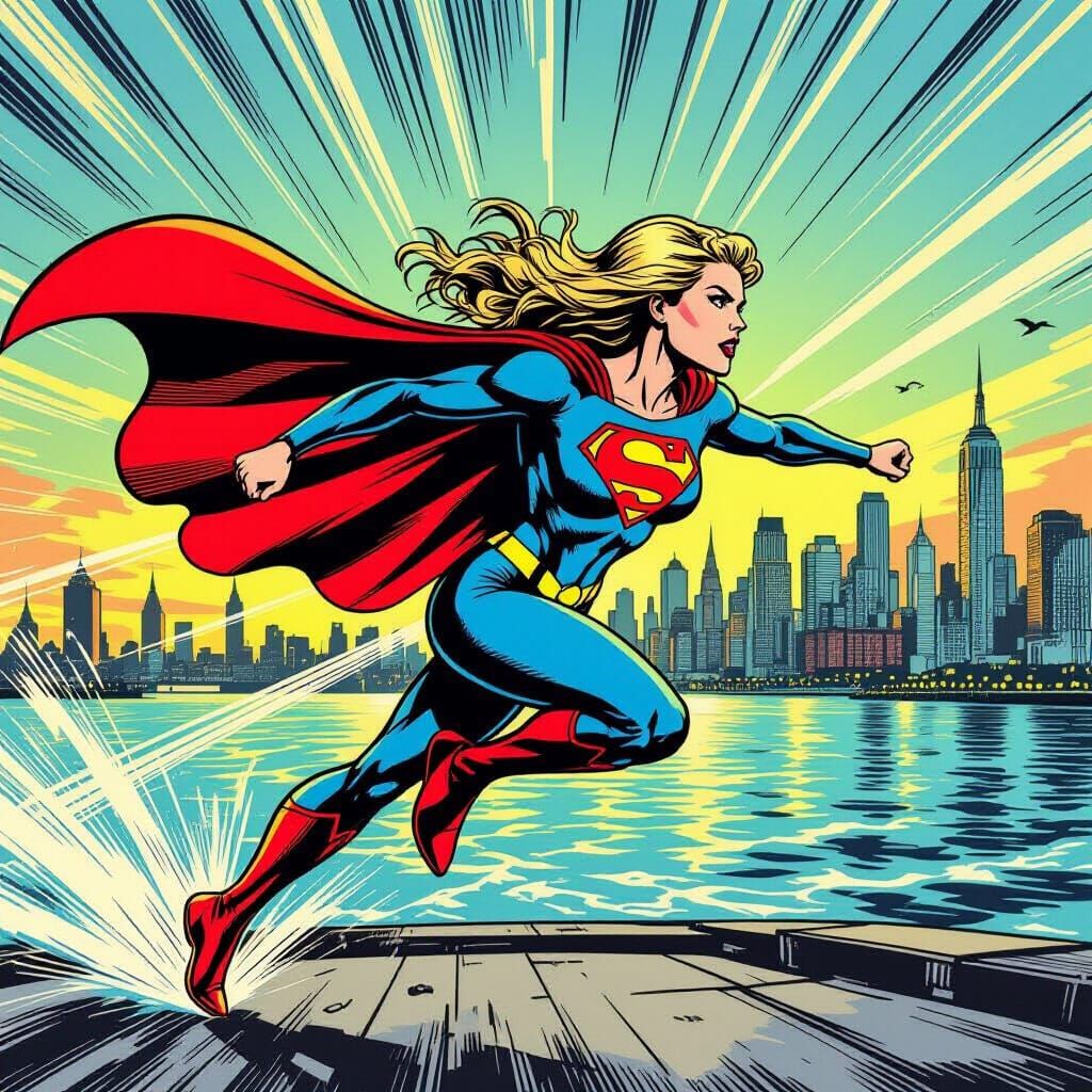 Supergirl Running at Super Speed Over Gotham Harbor Retro Co...
