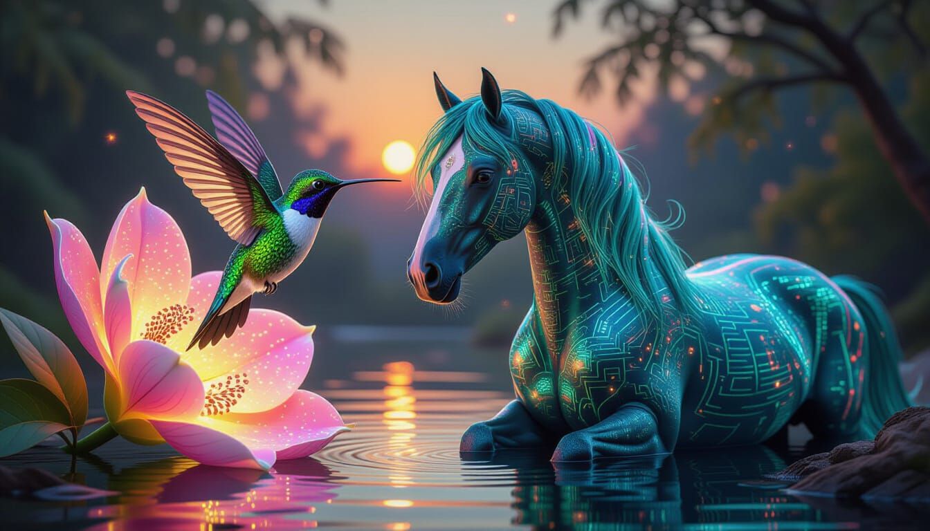 Hummingbird with Digital Orchid in Hyper-Realistic Fantasy A...