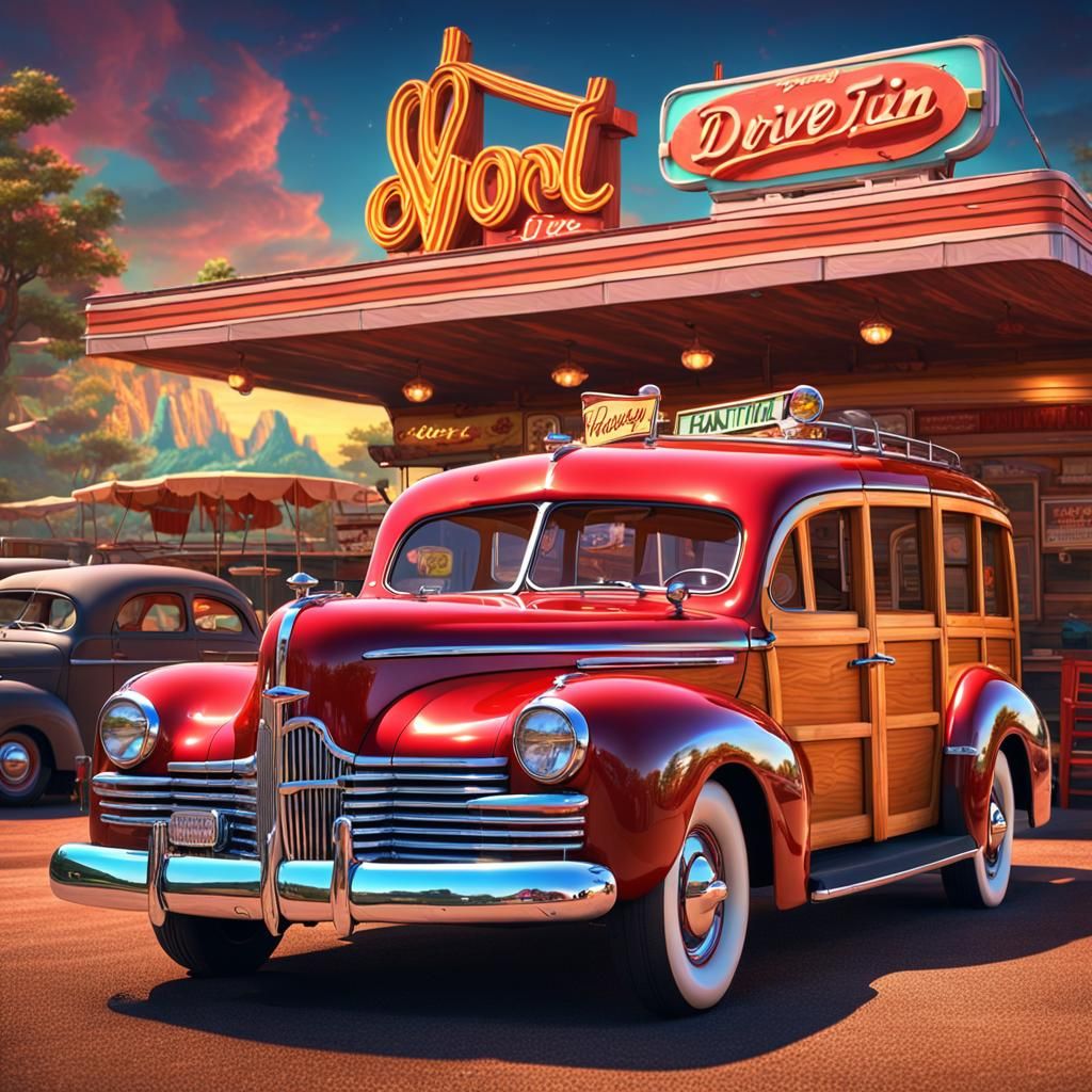 1940s Woody Wagon at a Retro Drive-In
