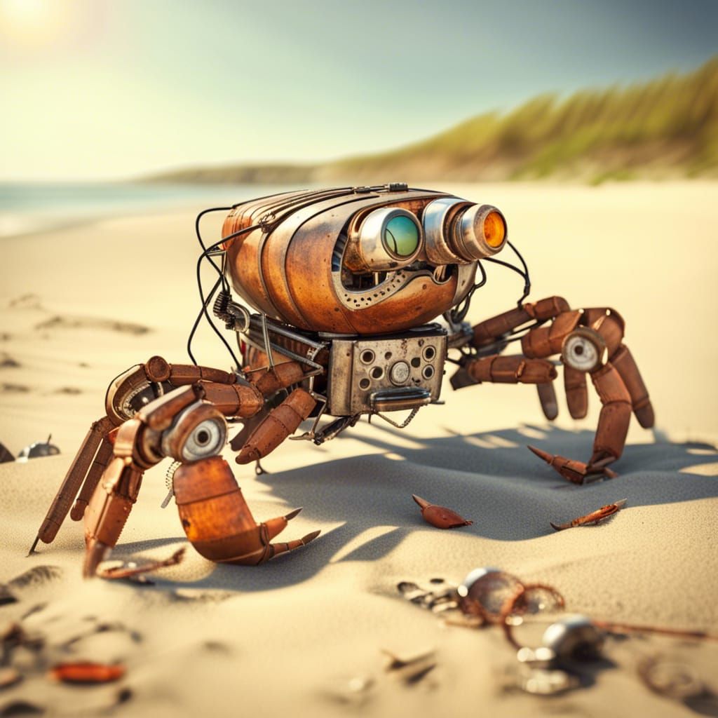 Lifelike Sea Robot Crab on Sunny Beach