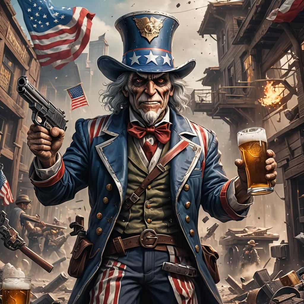 Muscular Uncle Sam with Gun, Detailed Fantasy Art
