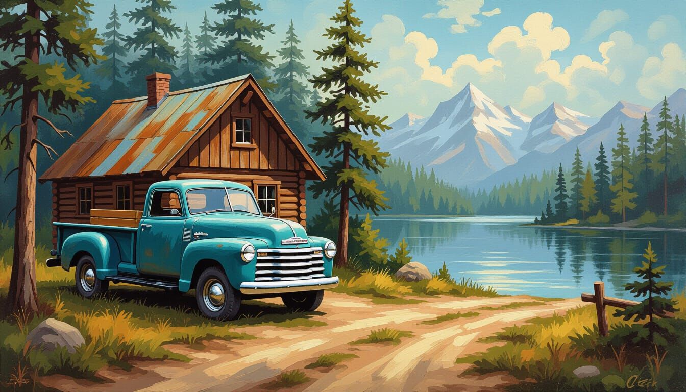 Rustic Cabin on Lakeside in Bob Ross Style