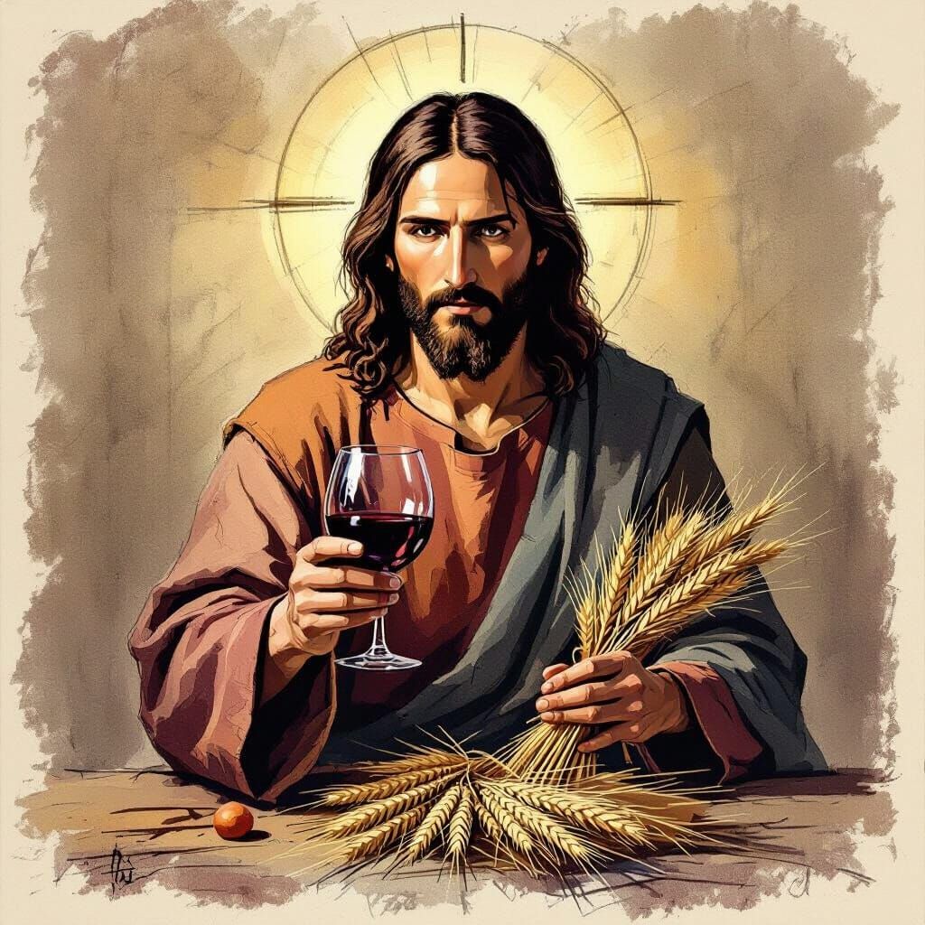 Jesus Holding Bread, Wine, and Wheat in Black and White