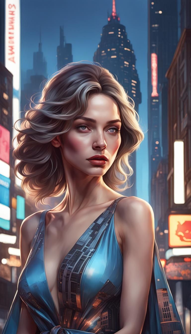 Woman in Cityscape Gown: Hyperdetailed Concept Art