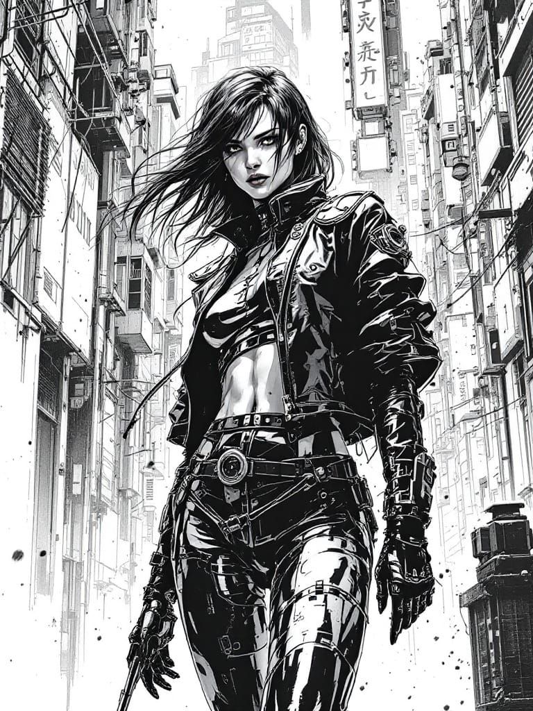 Cyberpunk Graphic Novel Panel: Female Figure Study