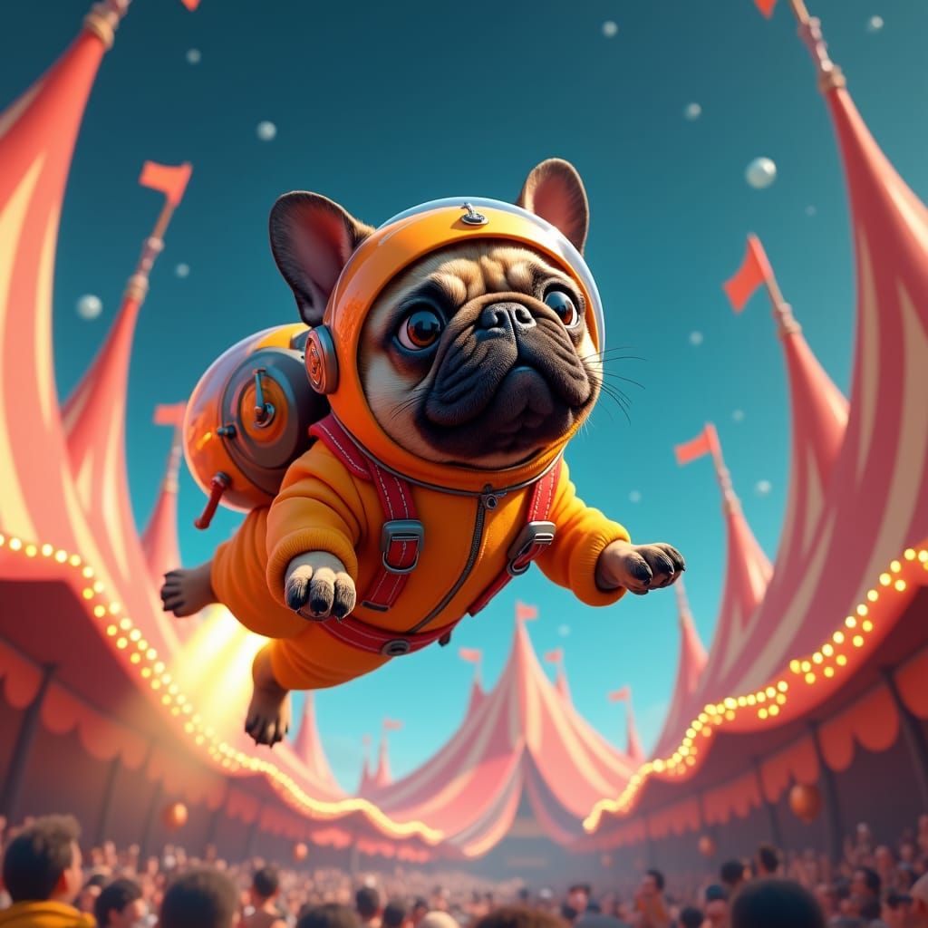 A pug dog dreaming about the circus