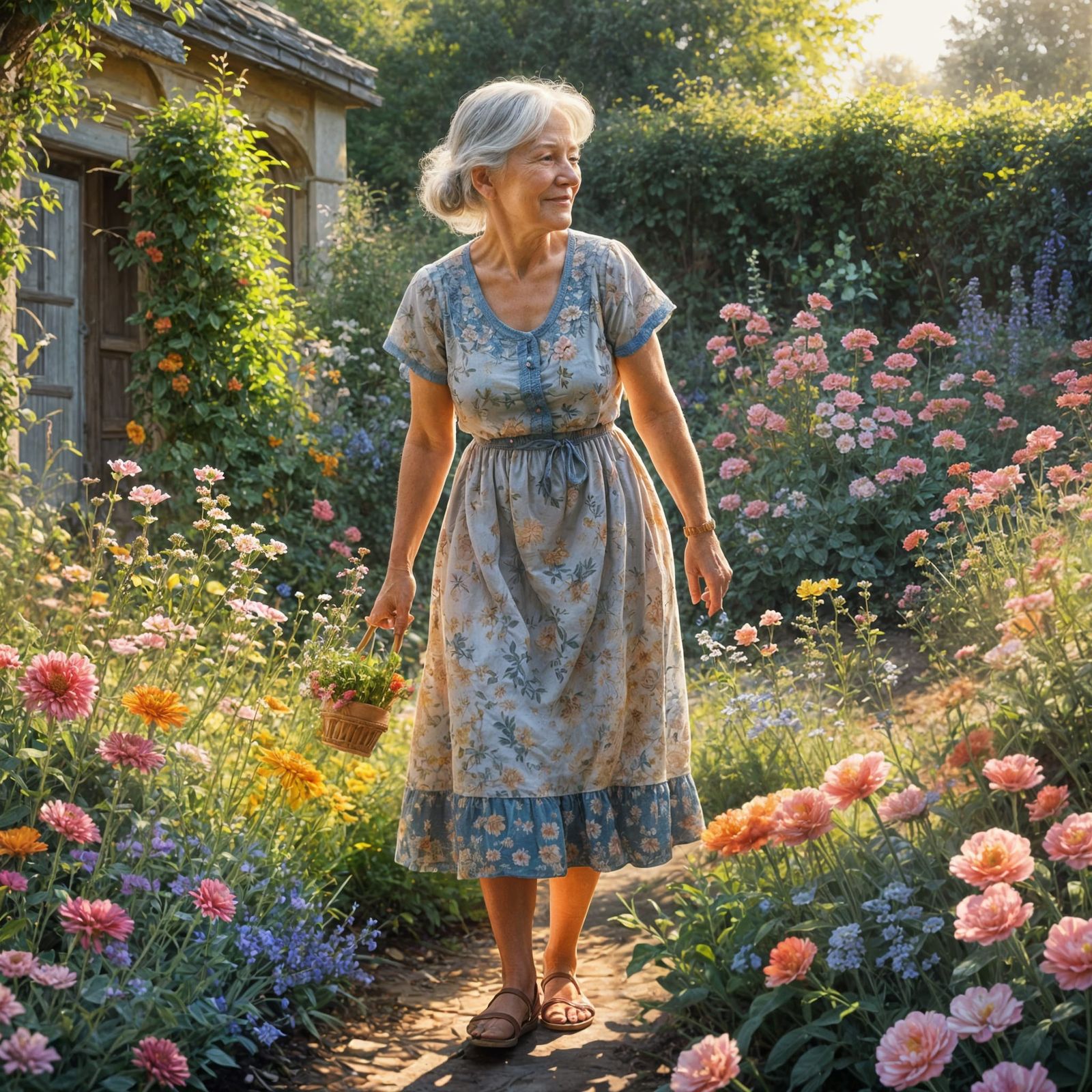 Elderly Woman Gardening at Golden Hour