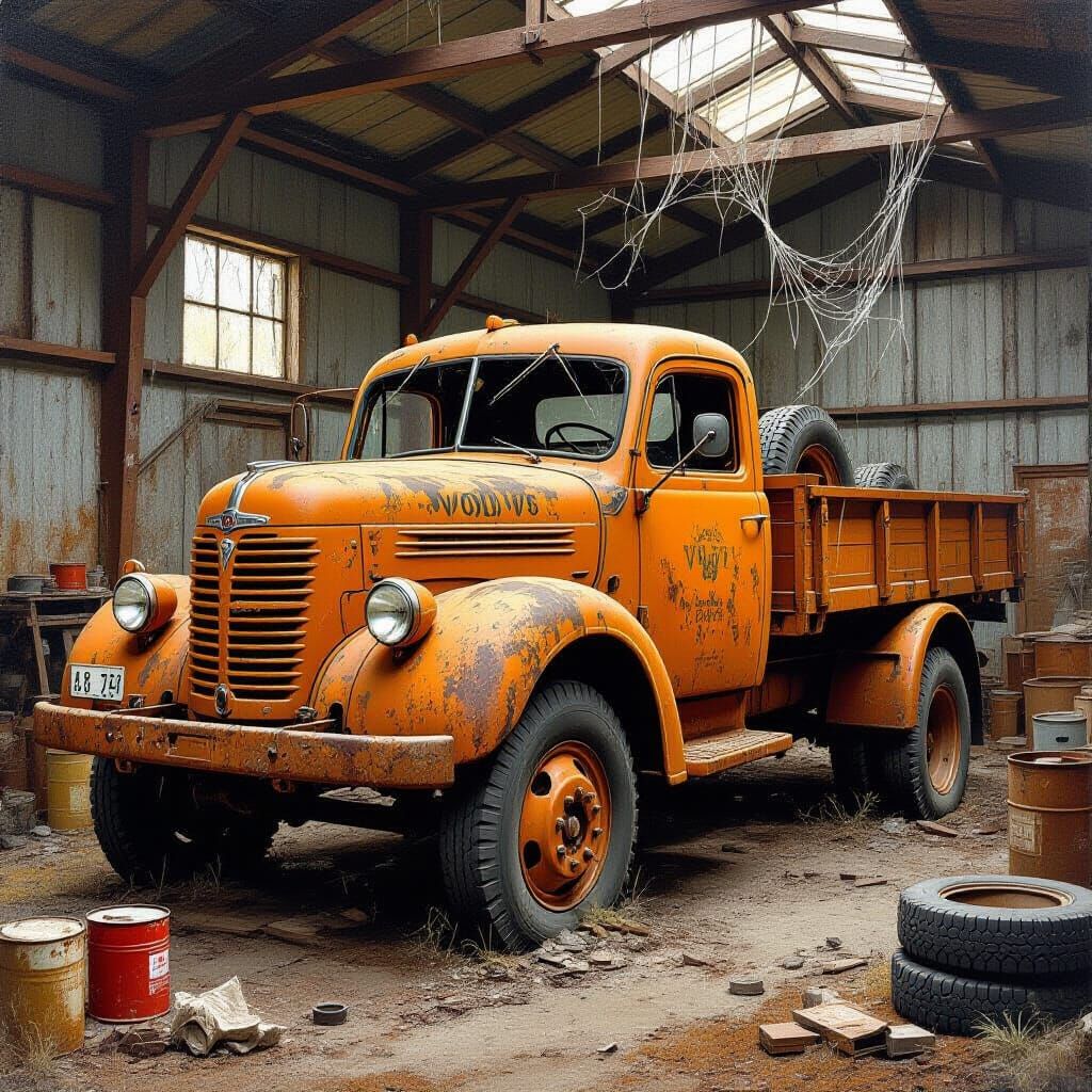 Abandoned 1940s Volvo Truck in Dusty Workshop Oil Painting