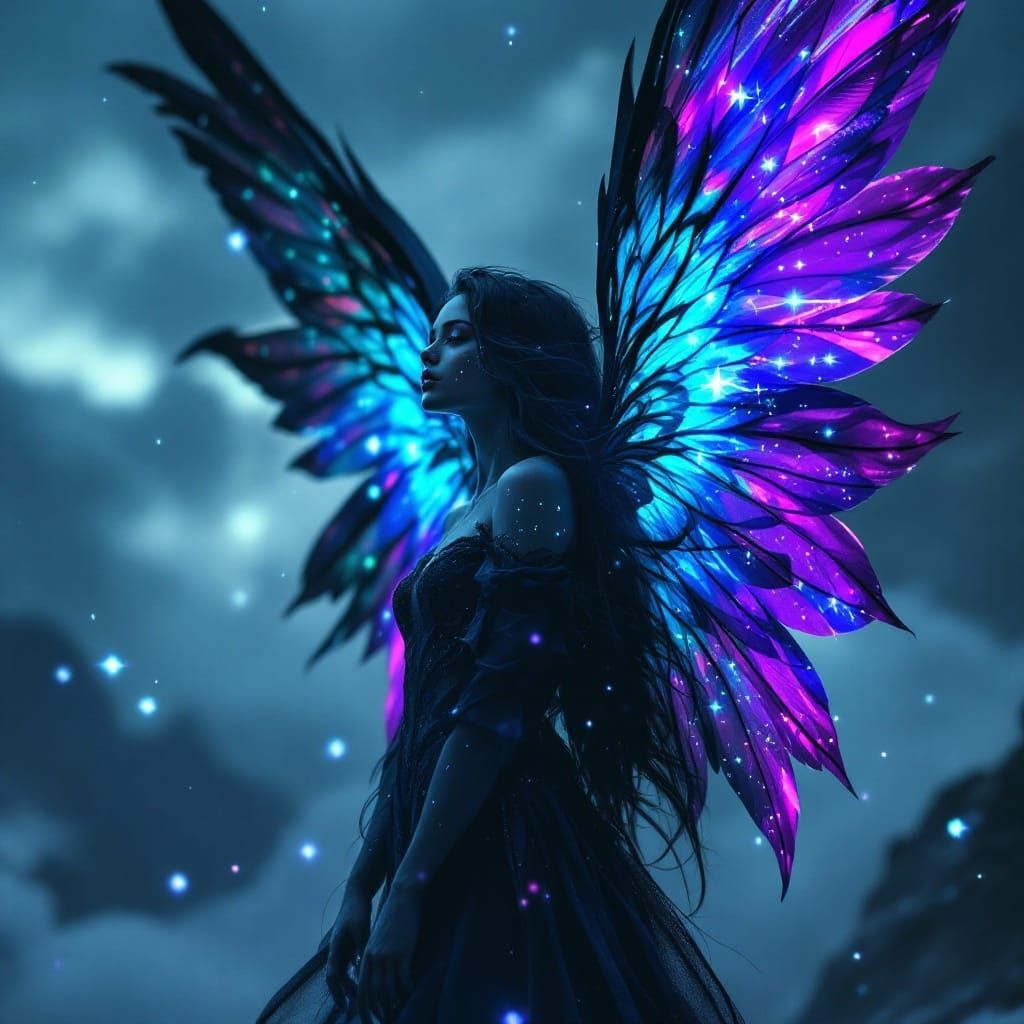 Midnight Angel with Iridescent Wings in Ethereal Fantasy