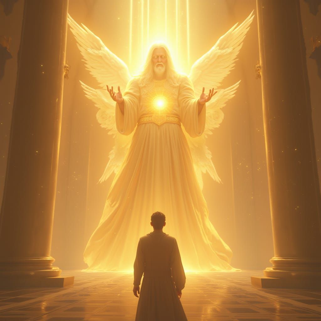 Regal Man Before Glowing God in Celestial Court