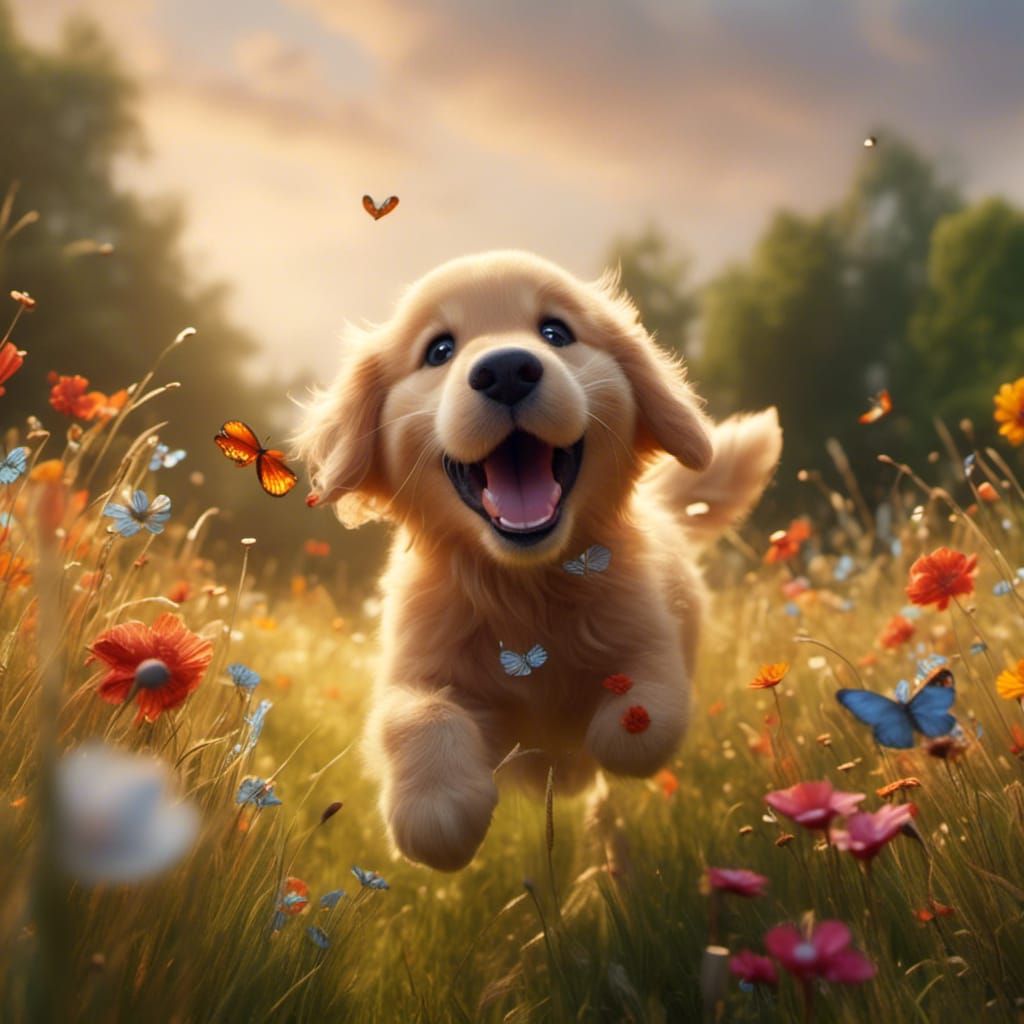 Golden Retriever Puppy's Playful Meadow Chase