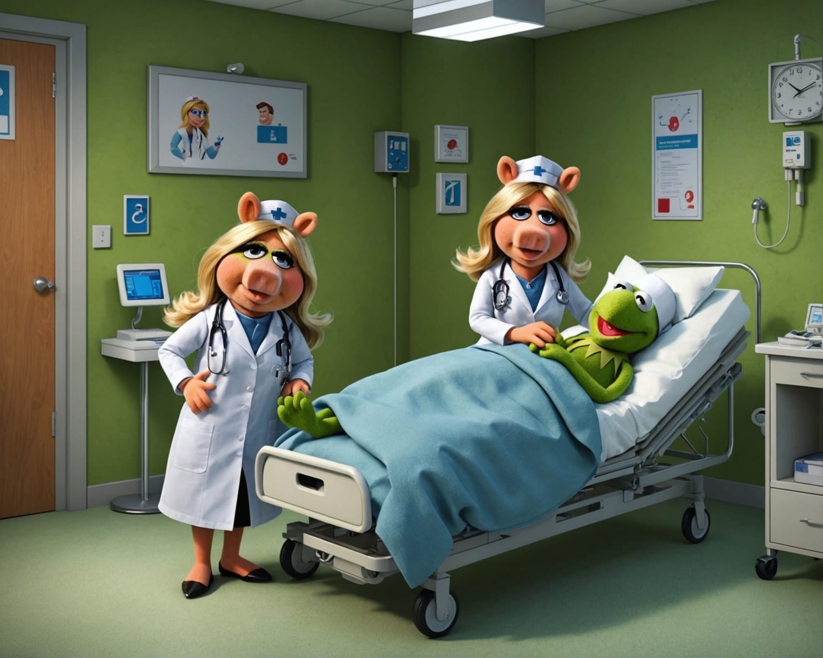Miss Piggy Nurse and Dr. Kermit in Hospital