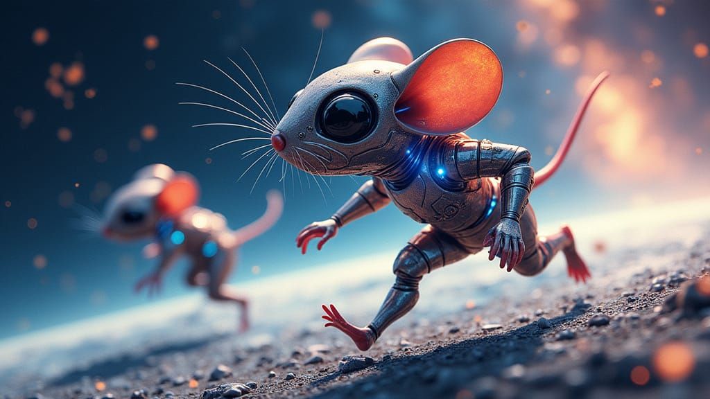 Alien Mice Running on a Futuristic, Orbiting Earth in Space
