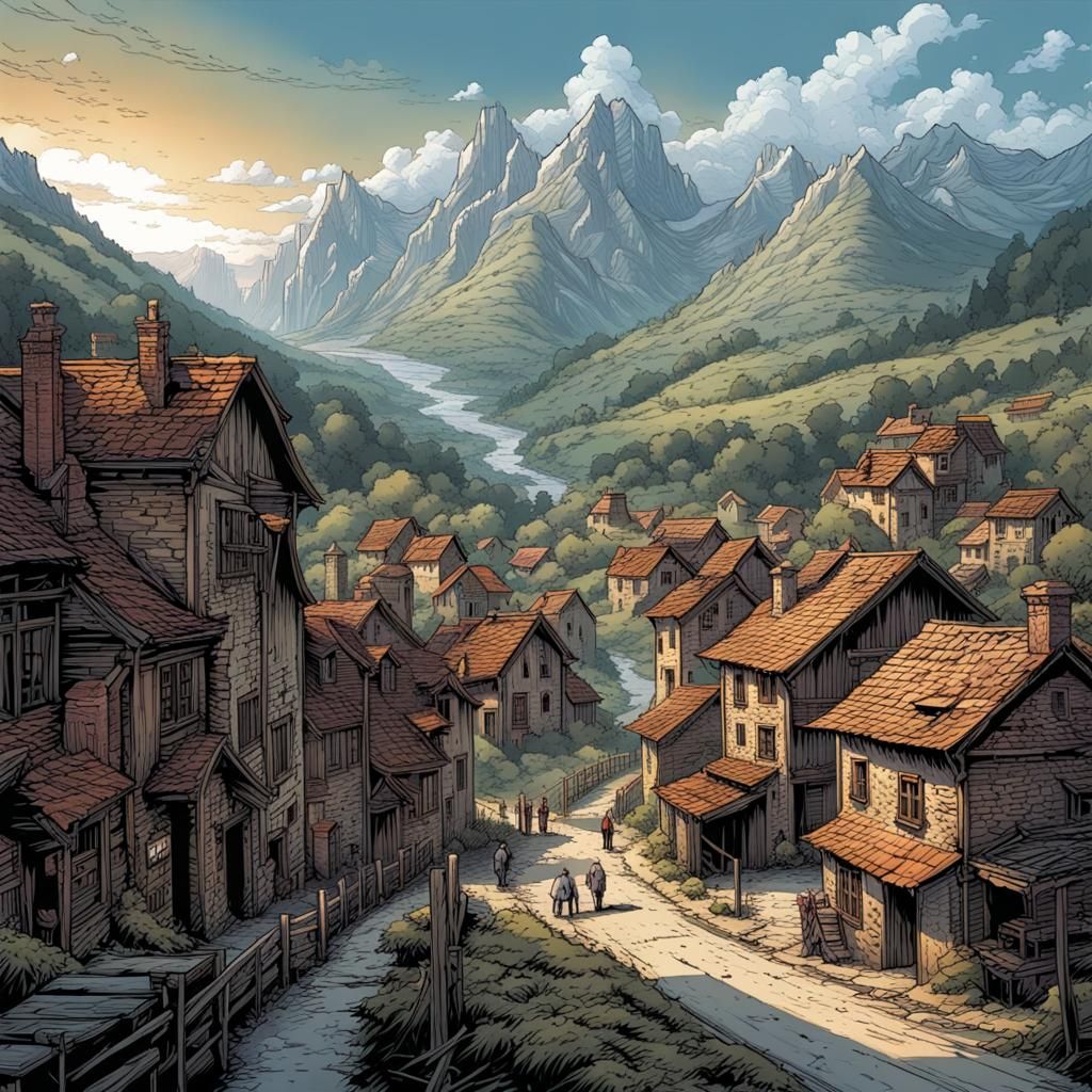 Pyrenees Mountain Town in Comic Book Art