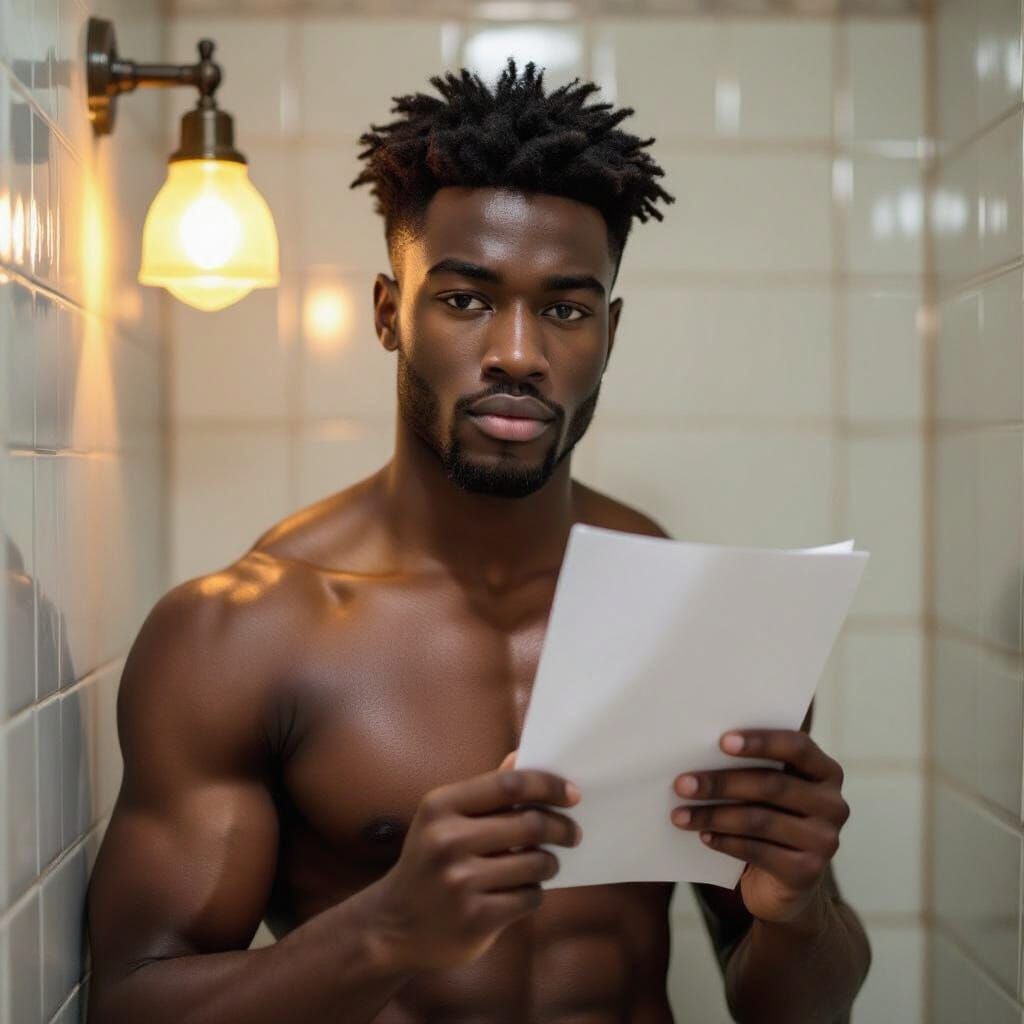 Muscular Man Holds Blank Paper in Dimly Lit Bathroom