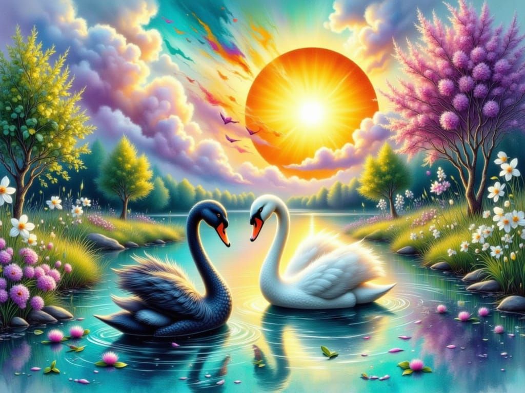 Vibrant River with Swans in Watercolor Style