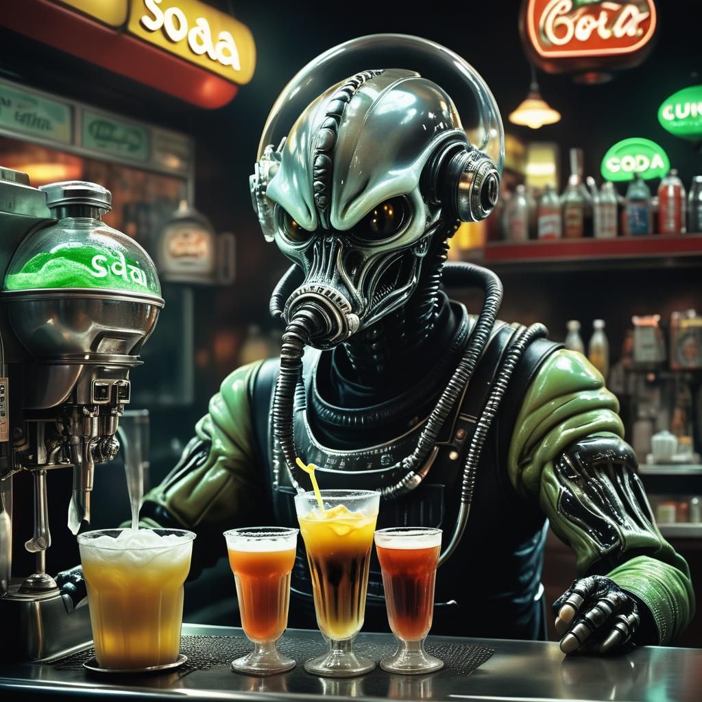 Extraterrestrial Gas Attendant Serving Drinks