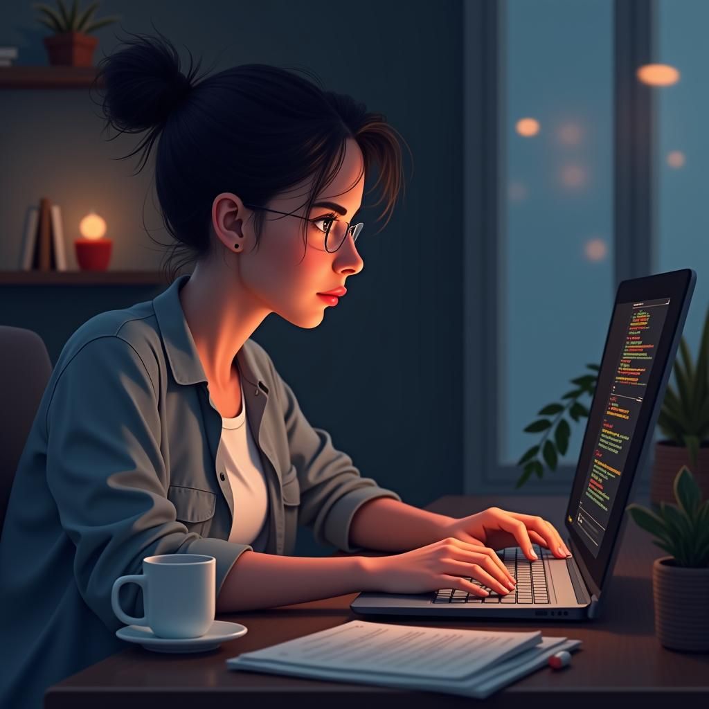 Focused Person Working Diligently at Computer