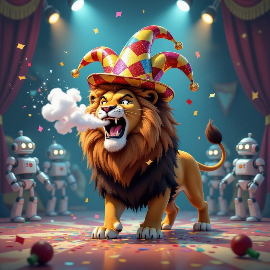 Lion Sneezes Glitter, Startles Robot Performers in 3D Cartoo...