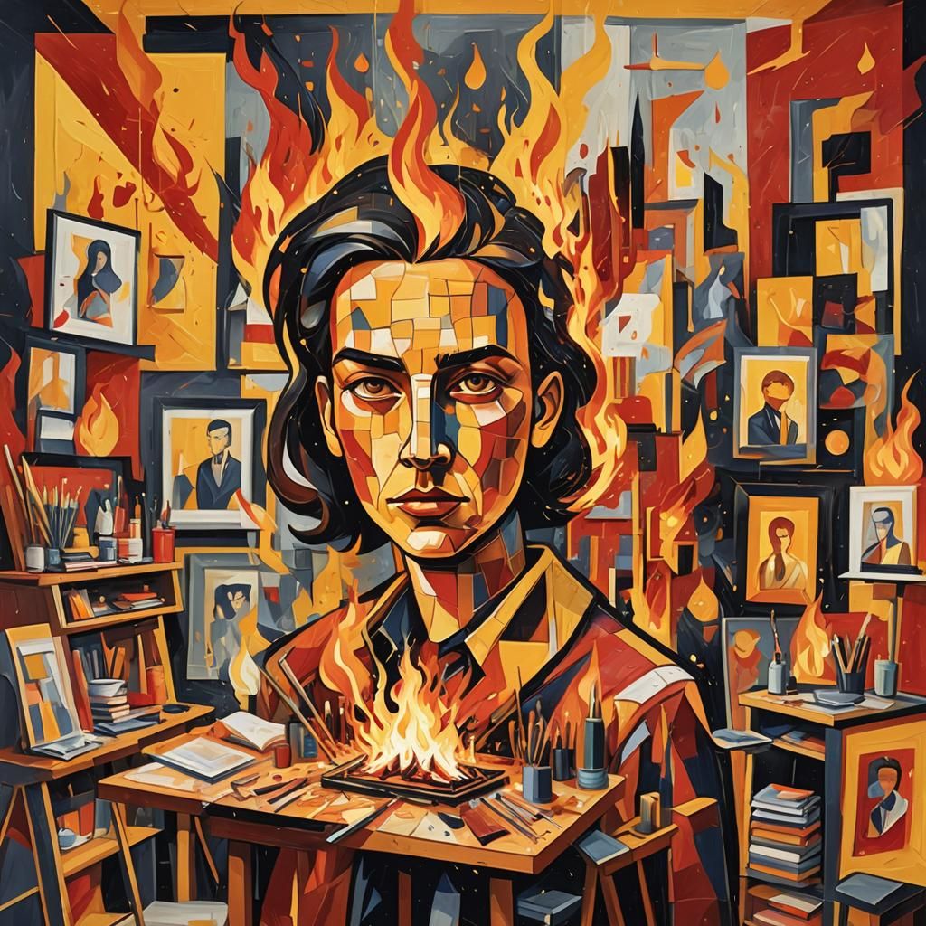 Burning Art Studio in Cubist Style
