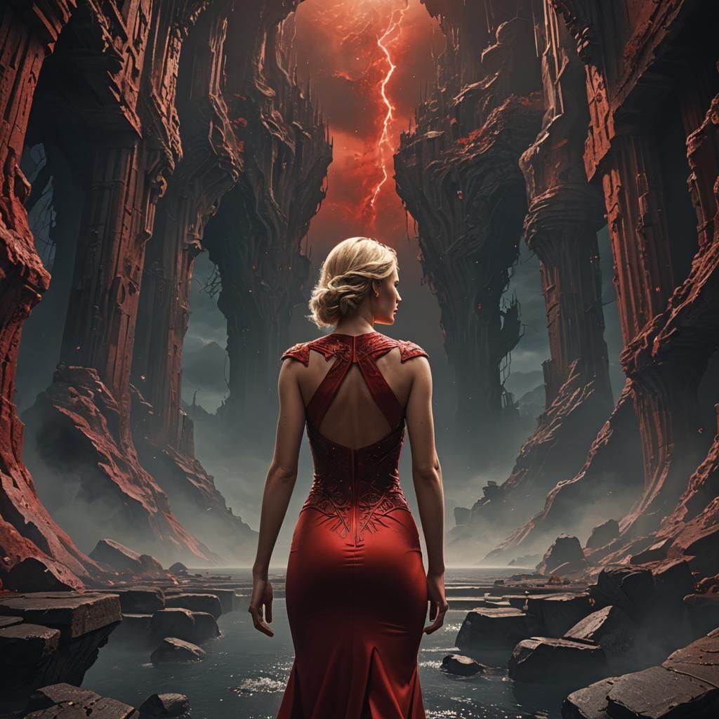 Blonde Woman in Red Dress Staring into Abyss