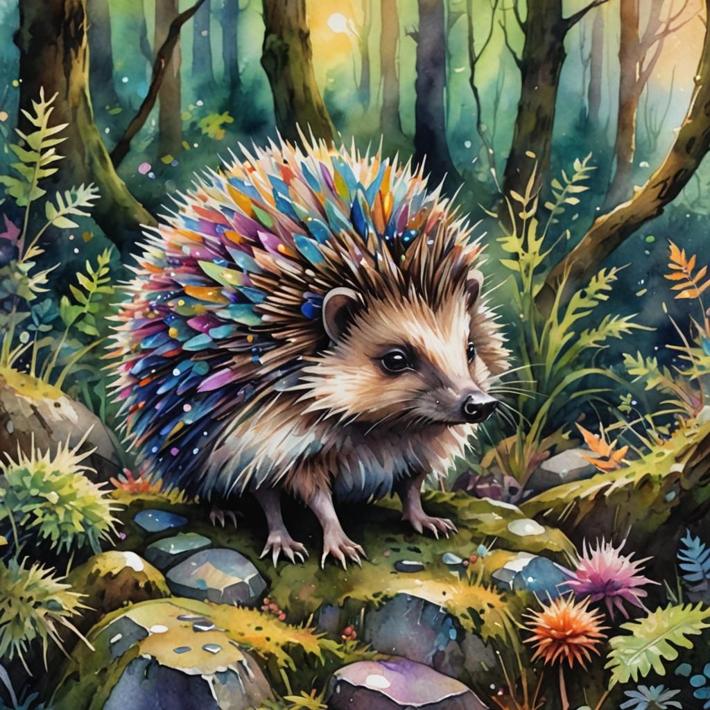 Iridescent Hedgehog in Whimsical Forest: Watercolor