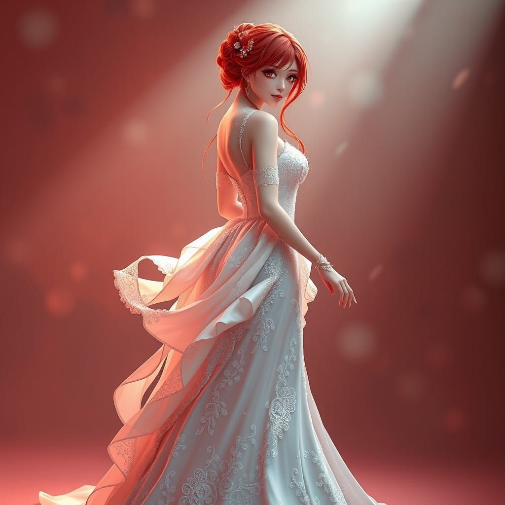 Ethereal Red-Haired Bride in Anime-Inspired Gown