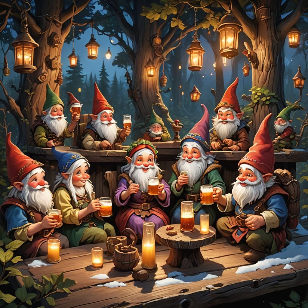 Snow White and Gnomes at Forest Tavern in Fantasy Art