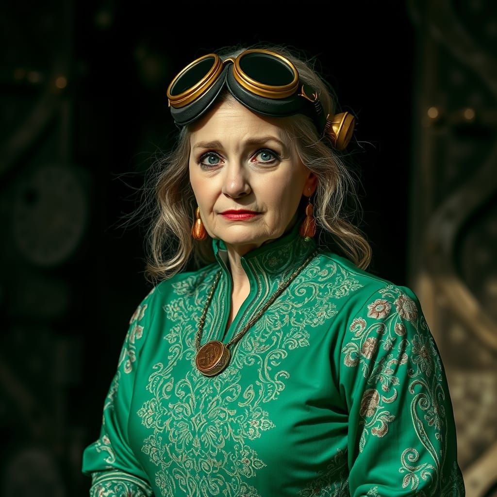 Steampunk Woman in Emerald Dress, Monochrome Photography