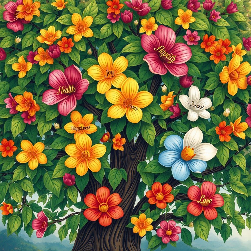 Whimsical Tree of Blessings in Vibrant Floral Bloom