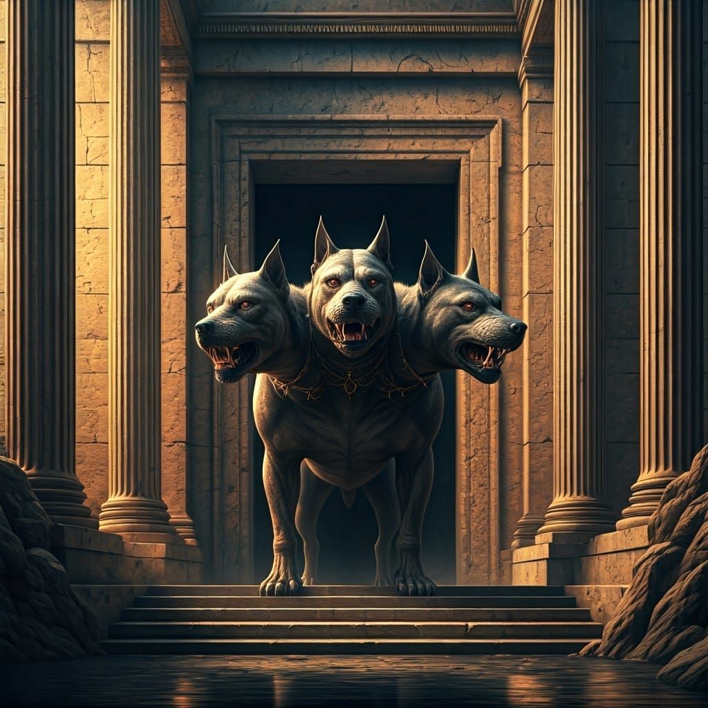 Majestic Cerberus Stands Guard in Ancient Greek Entrance