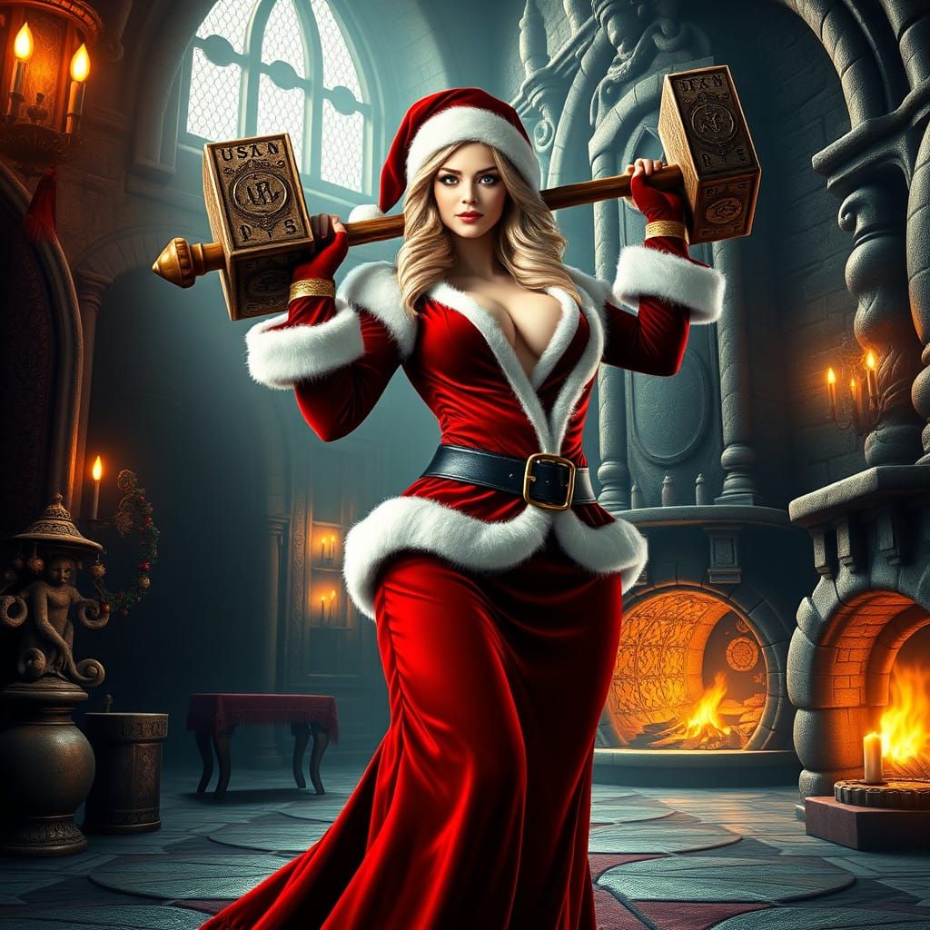 Mystical Female Santa Wields Sledge Hammer in Ancient Castle