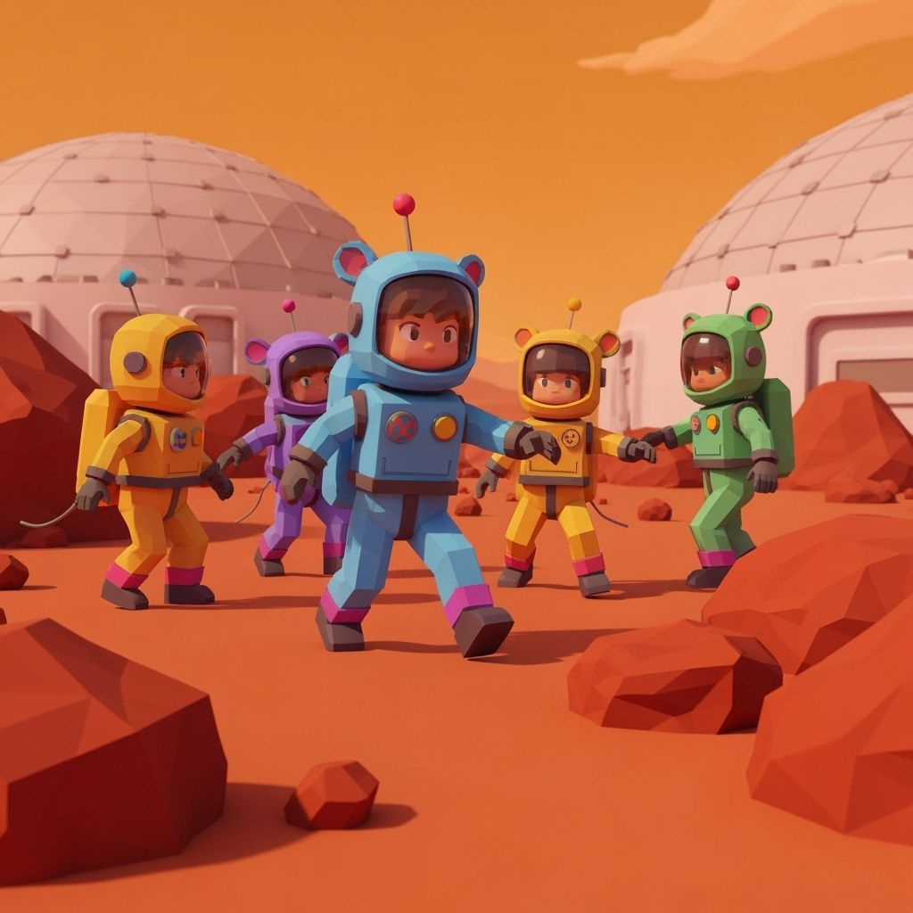 Children Playing Tag on Mars in Low-Poly Style