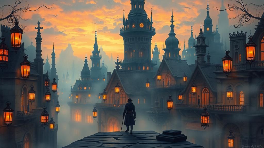 Dreamlike City Wanderer at Twilight: Escher-Inspired Art
