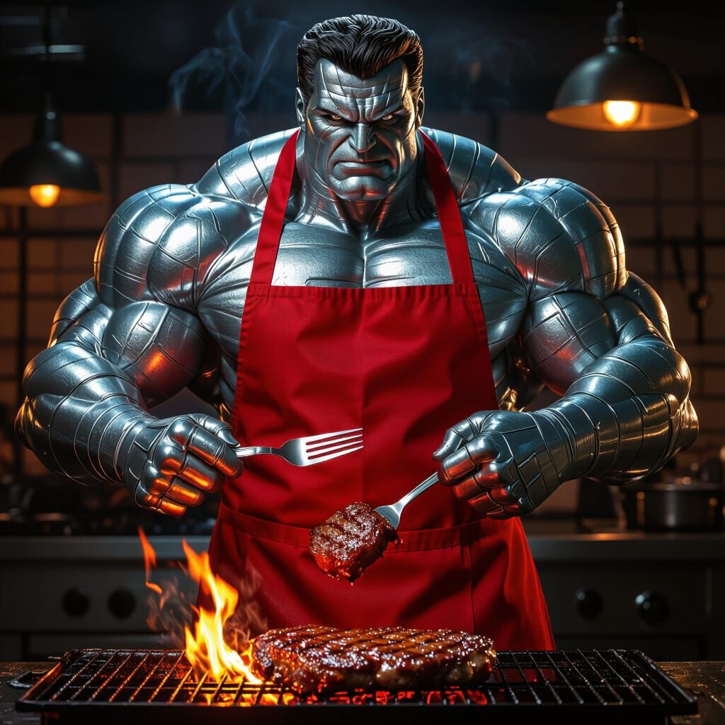Colossus in Barbecue Apron Holds Fork with Meat