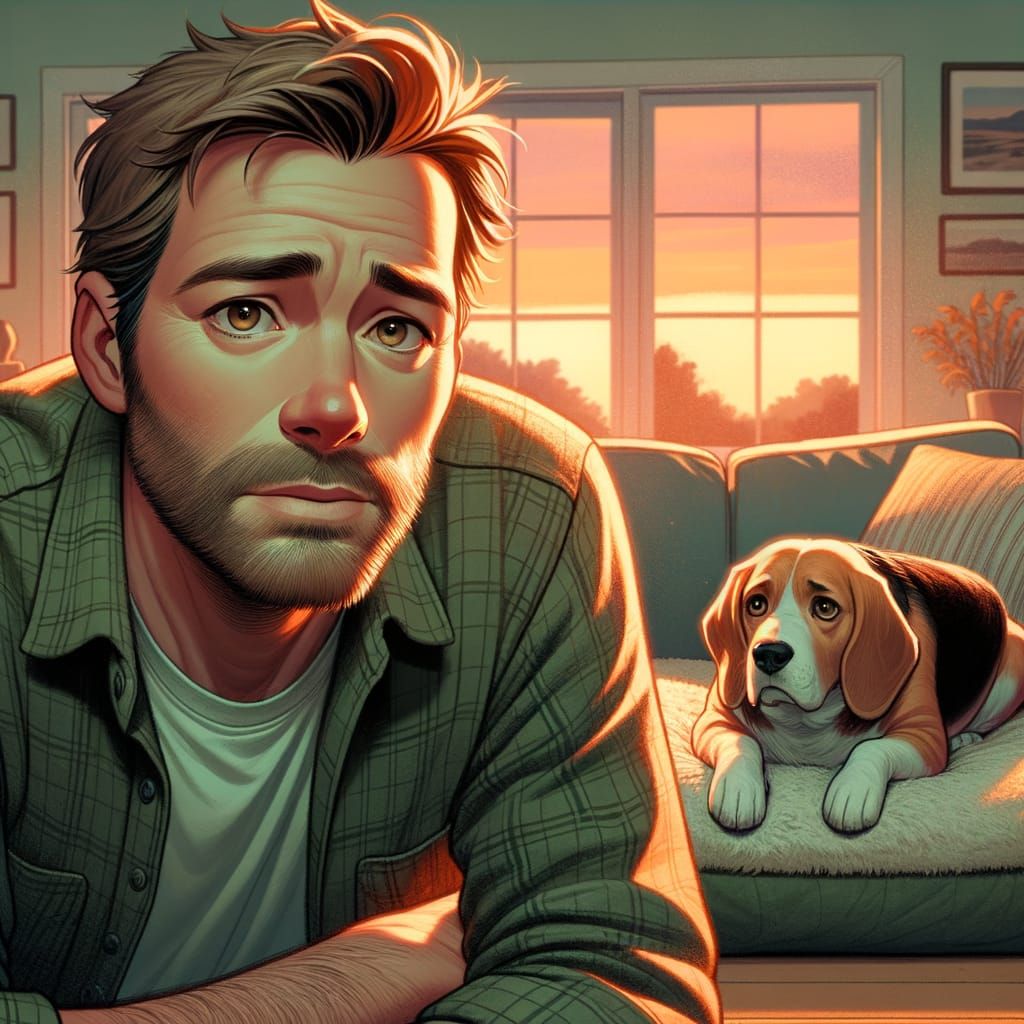 Concerned Man and Sad Beagle in Melancholy Living Room
