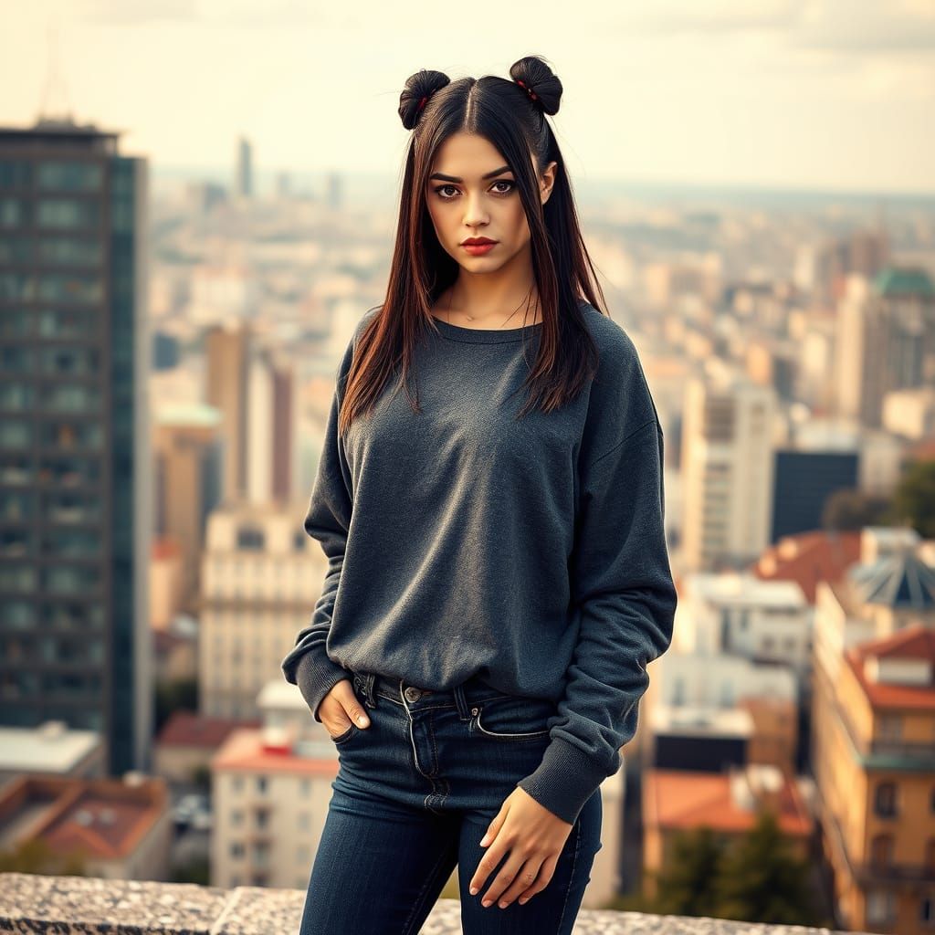 Serious Brunette Bombshell in Vintage Sepia Cityscape