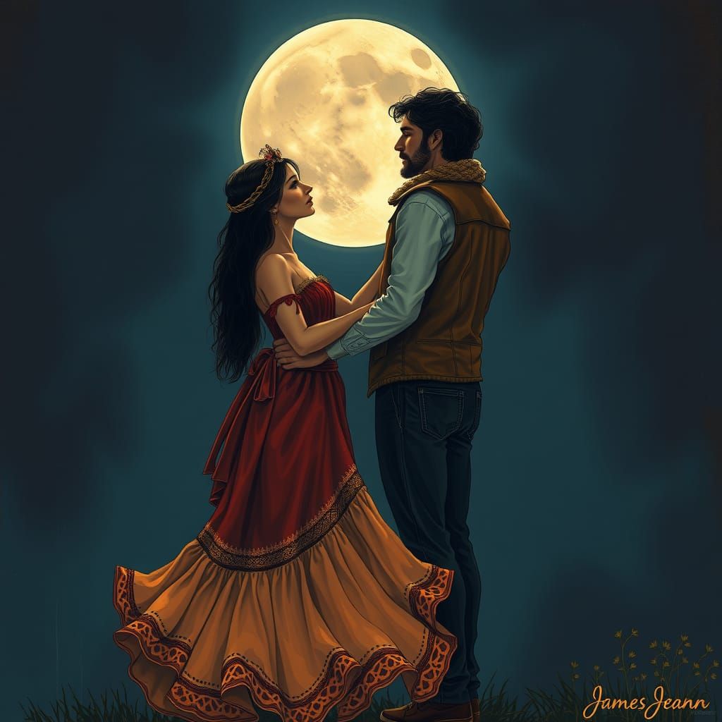 Gypsy Lovers Embrace Under Moonlit Sky