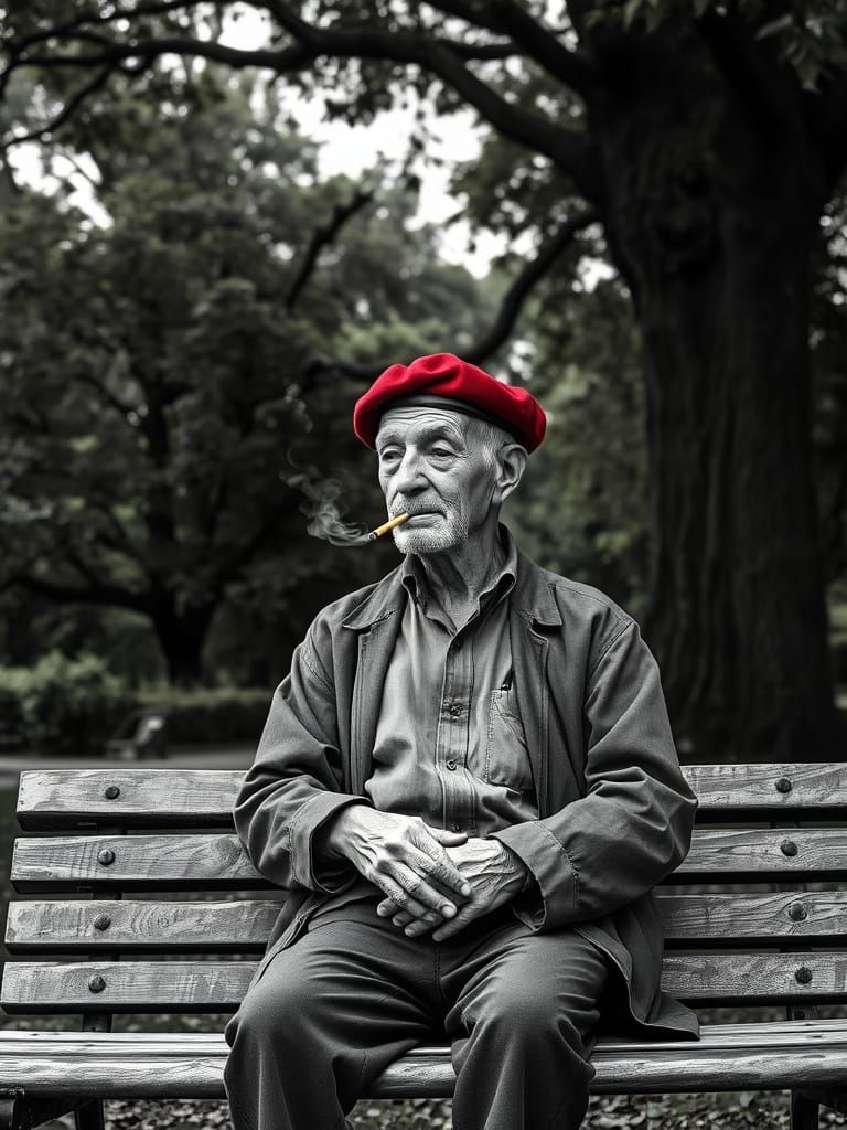 Elderly Man Reflects in Moody Black and White Scene
