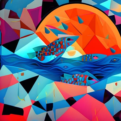 Neo-Cubist Moon Over Coral Reef