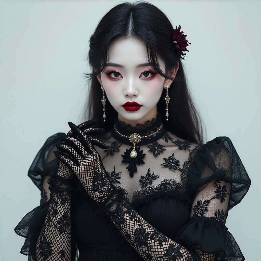 Gothic Korean Woman in Lace Dress