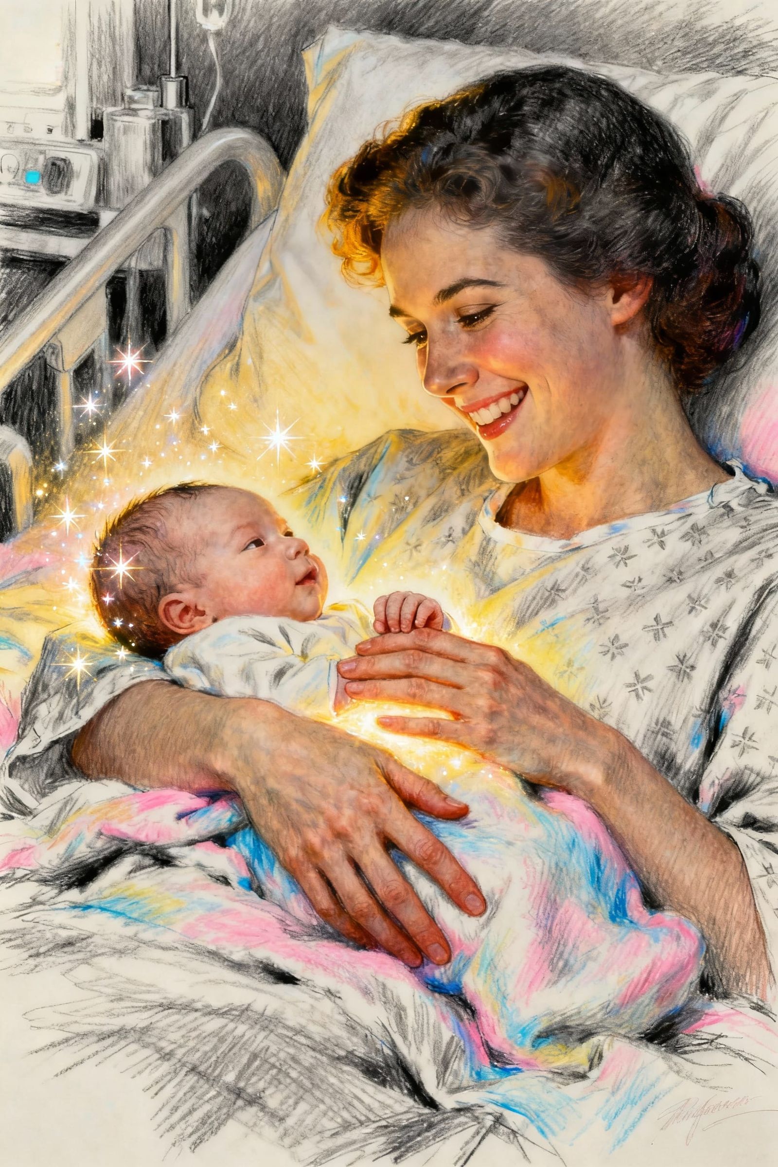 Mother's Joy: First Embrace with Newborn in Fantasy Sketch S...