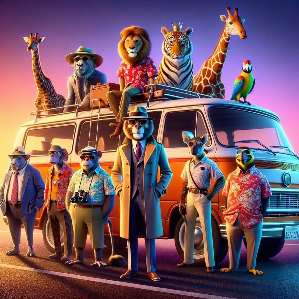 Animals on a Road Trip in Vibrant Vintage Animation