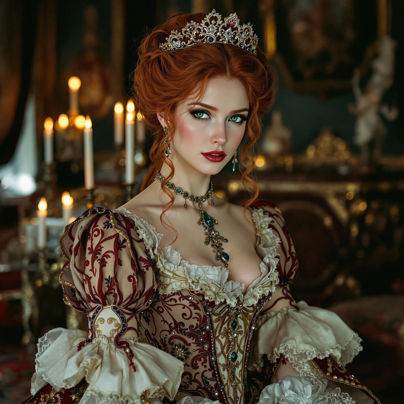 Redhead in 1700s Dress, Cinematic Lighting