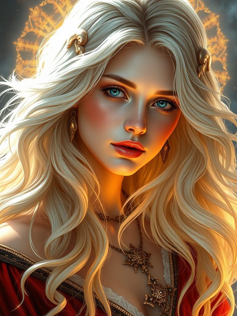 Majestic Platinum Blonde Prophetess in Art Nouveau Style